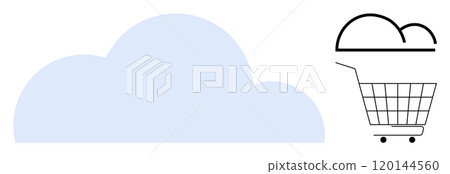 A large blue cloud next to a shopping cart with a smaller cloud inside. Ideal for cloud computing online shopping e-commerce cloud storage and technology services. Minimalist vector style A large blue cloud next to a shopping cart with a smaller cloud inside. Ideal for cloud computing online shopping e-commerce cloud storage and technology services. Minimalist vector style 120144560