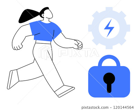 A person is walking, accompanied by security and energy symbols. Ideal for technology, security, energy, modern graphics, abstract. Minimalist design evokes a contemporary theme 120144564