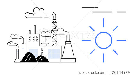 Industrial factory with smoke stacks releasing emissions into the air. On the right, a bright sun symbol indicates clean energy. Ideal for environmental awareness, pollution, clean energy Industrial factory with smoke stacks releasing emissions into the air. On the right, a bright sun symbol indicates clean energy. Ideal for environmental awareness, pollution, clean energy 120144579
