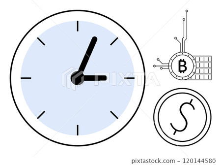 Clock showing approximately 200, Bitcoin symbol with circuitry, and Dollar symbol. Ideal for financial topics, cryptocurrency, trading concepts, investment discussions, and time management. Clean 120144580