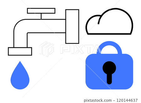 Faucet with a water droplet cloud and padlock represent themes of water management security, and cloud integration Ideal for eco-friendly technology water conservation security solutions digital 120144637