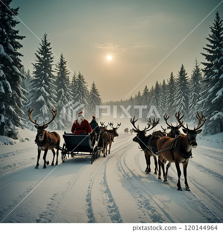 聖誕老人帶著馴鹿乘坐雪橇 聖誕老人帶著馴鹿乘坐雪橇 120144964