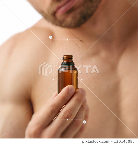 Close-up of man holding serum bottle, representing natural skincare products for men. Men grooming, self-care, and clean beauty. Close-up of man holding serum bottle, representing natural skincare products for men. Men grooming, self-care, and clean beauty. 120145093