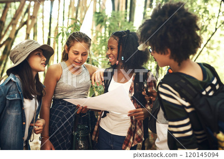 Lifes good in the great outdoors. Shot of a group of teenagers looking at a map while exploring nature together at summer camp. Lifes good in the great outdoors. Shot of a group of teenagers looking at a map while exploring nature together at summer camp. 120145094