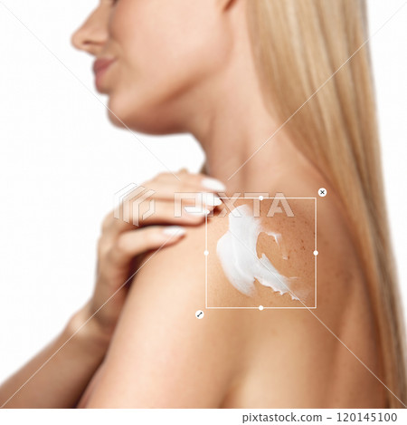 Close-up of female body, shoulder with moisturizing cream, promoting skincare and self-care, after shower routine. Soft skin. Close-up of female body, shoulder with moisturizing cream, promoting skincare and self-care, after shower routine. Soft skin. 120145100