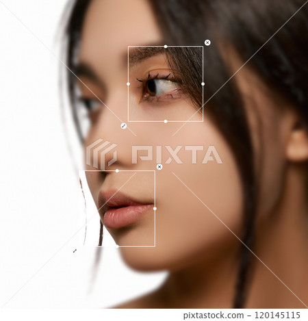 Close-up portrait of young beautiful woman with clear, spotless face, focusing on natural skin texture. Authentic beauty and natural skincare 120145115