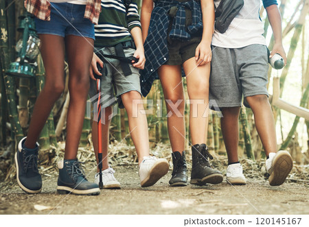 Lots to learn along the trails. Shot of a group of unrecognisable teenagers walking through nature together at summer camp. 120145167