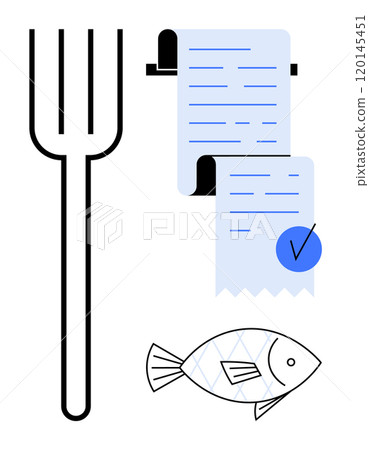 Fork, list with a check mark, and fish display culinary elements. Ideal for cooking, recipe planning, gastronomy, nutrition, and food preparation. Minimalistic vector style with black and blue colors 120145451