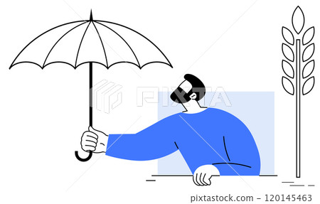 Man in blue shirt holding an umbrella while observing a plant. Ideal for growth, protection, stability, security, and agriculture. Clean and minimalist vector style 120145463