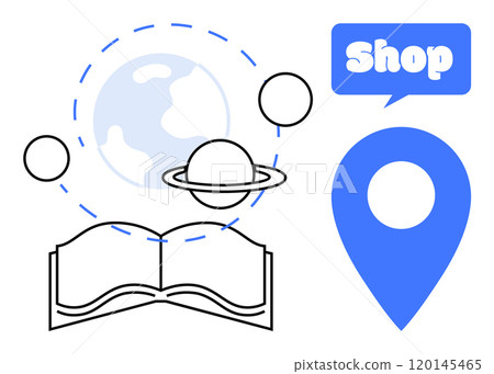 Open book in front of planets and Earth illustration and shop pin icon. Ideal for education, astronomy, geography, navigation, retail, and vector design. Simple linear vector style with blue Open book in front of planets and Earth illustration and shop pin icon. Ideal for education, astronomy, geography, navigation, retail, and vector design. Simple linear vector style with blue 120145465