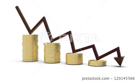 Golden coin stacks and arrow down Golden coin stacks and arrow down 120145566