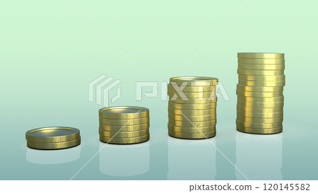 Golden coin stacks increasing in number, 3D illustration 120145582
