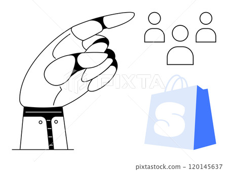 Large hand pointing at three avatars with a blue shopping bag featuring a letter S. Ideal for business, leadership, team, shopping, and e-commerce themes. Simple line art style 120145637