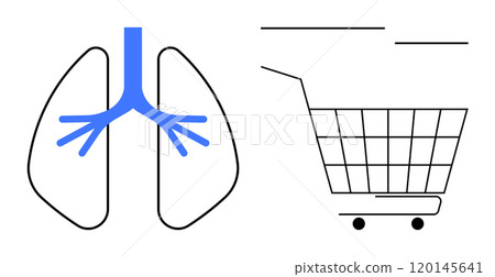 A simple vector shows lungs beside a shopping cart. Ideal for healthcare, consumerism, environmental impact, public health, and modern lifestyle. Minimalist vector style, blue and black colours A simple vector shows lungs beside a shopping cart. Ideal for healthcare, consumerism, environmental impact, public health, and modern lifestyle. Minimalist vector style, blue and black colours 120145641