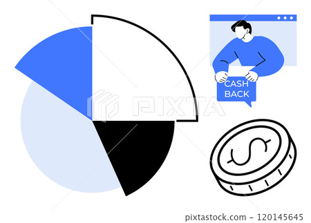 A pie chart, person holding a cashback sign, and a coin are depicted. Ideal for financial services, marketing strategies, ecommerce, savings plans, and cashback programs. Minimalist and modern style 120145645