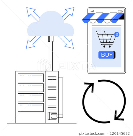 A server connected to a cloud, a mobile shopping interface, and a refresh symbol. Ideal for cloud services, e-commerce, online shopping, automation, and digital transactions. Flat design style A server connected to a cloud, a mobile shopping interface, and a refresh symbol. Ideal for cloud services, e-commerce, online shopping, automation, and digital transactions. Flat design style 120145652