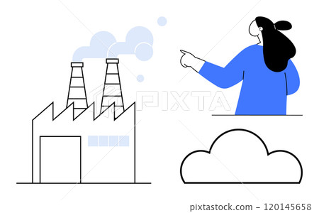 Factory building expelling smoke, a woman pointing to the right in blue, and a cloud symbol in black outline. Ideal for environmental awareness, pollution, industry, climate change Factory building expelling smoke, a woman pointing to the right in blue, and a cloud symbol in black outline. Ideal for environmental awareness, pollution, industry, climate change 120145658