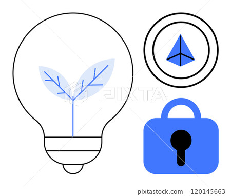 Light bulb with leaf growing inside, a paper airplane in a circle, and a padlock symbol. Ideal for innovation, growth, security, creativity, and technology. Minimalist vector style 120145663