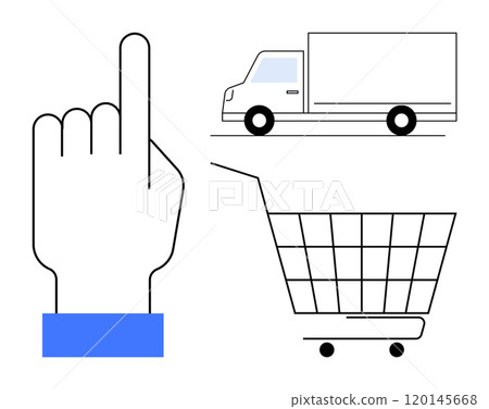 Outlined hand pointing up a delivery truck and a shopping cart. Ideal for online shopping logistics delivery services customer interaction and ecommerce themes. Minimalist design approach 120145668