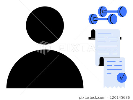 Abstract black silhouette of a person with two blue dumbbells and a checklist on a clipboard. Ideal for fitness planning health goals personal organization workout schedules and fitness tracking 120145686
