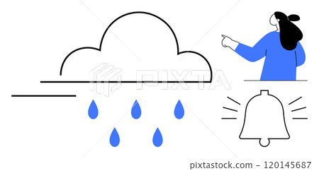 Large cloud with raindrops, bell symbol, and woman pointing to the side. Ideal for weather alerts, notifications, meteorology, forecasts, and climate. Minimalist vector style with a simple color Large cloud with raindrops, bell symbol, and woman pointing to the side. Ideal for weather alerts, notifications, meteorology, forecasts, and climate. Minimalist vector style with a simple color 120145687