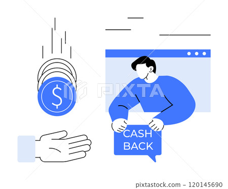 Man holding a cash back sign in front of a browser window. Coins falling into an outstretched hand. Ideal for finance, rewards programs, online shopping, savings, customer loyalty. Minimalist flat Man holding a cash back sign in front of a browser window. Coins falling into an outstretched hand. Ideal for finance, rewards programs, online shopping, savings, customer loyalty. Minimalist flat 120145690
