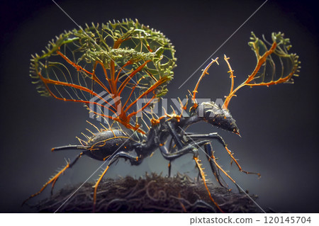 Cordyceps parasitic fungus growing on an ant, 3D illustration 120145704