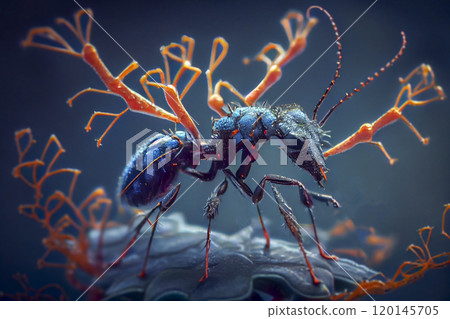Cordyceps parasitic fungus growing on an ant, 3D illustration 120145705