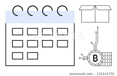 Outline calendar with a bitcoin symbol and an open box. Ideal for time management, cryptocurrency, scheduling, blockchain technology, and minimalistic design themes. Clean line art style Outline calendar with a bitcoin symbol and an open box. Ideal for time management, cryptocurrency, scheduling, blockchain technology, and minimalistic design themes. Clean line art style 120145730