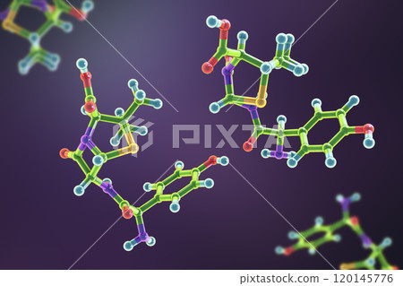Molecular model of amoxicillin antibiotic, 3d illustration Molecular model of amoxicillin antibiotic, 3d illustration 120145776