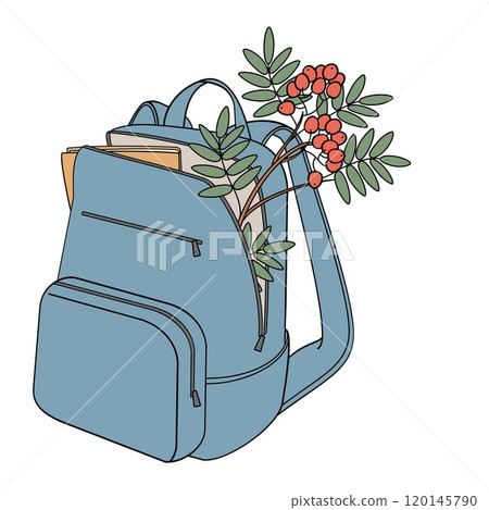 backpack with rowan branches and notebook in it 120145790