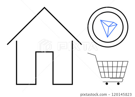 Simplistic house outline with a Tron coin above a shopping cart. Ideal for e-commerce, cryptocurrency, shopping, housing, minimalist designs. Clean black and white lines with a touch of color Simplistic house outline with a Tron coin above a shopping cart. Ideal for e-commerce, cryptocurrency, shopping, housing, minimalist designs. Clean black and white lines with a touch of color 120145823