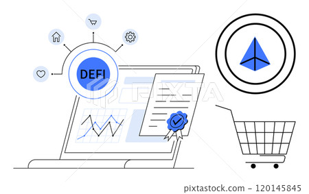 Laptop with financial charts DEFI text surrounded by symbols certificate with ribbon shopping cart and triangle icon. Ideal for digital finance fintech decentralized finance e-commerce and technology 120145845