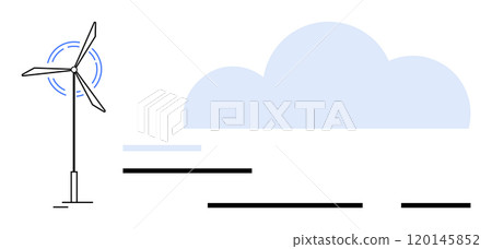 Wind turbine with rotating blades beside a large cloud in a minimalist landscape. Ideal for renewable energy, sustainability, environmental awareness, clean technology, eco-friendly. Simple lines 120145852