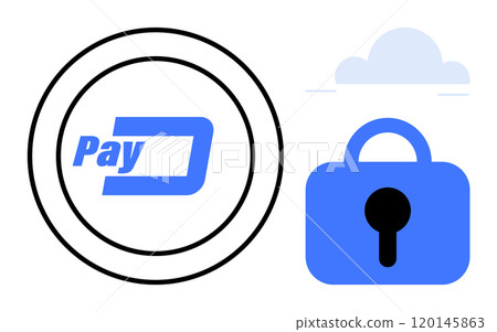 Blue lock under a cloud next to a circle with a Pay logo highlights payment security and data protection. Ideal for digital transactions, cybersecurity, encryption, online banking, cloud security 120145863