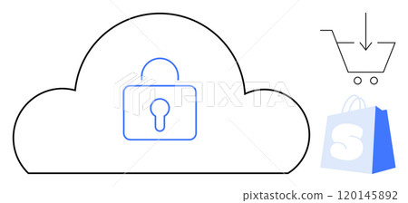 Cloud with lock symbolizes security, paired with a shopping cart and a shopping bag. Ideal for cybersecurity, e-commerce, online shopping, data protection, and cloud services. Simple outline style 120145892
