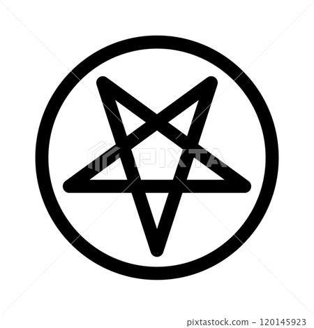 Inverted pentagram circumscribed by a circle. Five-pointed star sign. Magical symbol of Satanism. Simple flat black illustration. Inverted pentagram circumscribed by a circle. Five-pointed star sign. Magical symbol of Satanism. Simple flat black illustration. 120145923