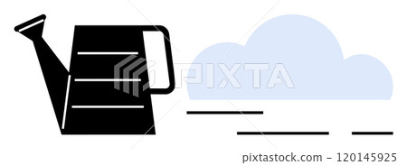 Black watering can beside a light blue cloud. Ideal for gardening, nature, weather, simplicity, icon design. Style is minimalist, modern, clean 120145925