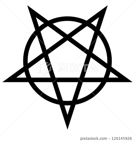 Inverted pentagram circumscribed by a circle. Five-pointed star sign. Magical symbol of Satanism. Simple flat black illustration. 120145926