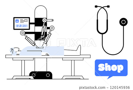 Robotic device performing surgery on a patient in an operating room. Nearby, a stethoscope and a speech bubble with the word shop. Ideal for healthcare technology innovation, medical equipment 120145936