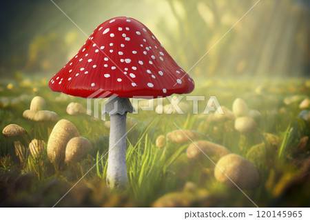 Fly agaric mushroom with red cap and white dots, Amanita mushroom, illustration Fly agaric mushroom with red cap and white dots, Amanita mushroom, illustration 120145965