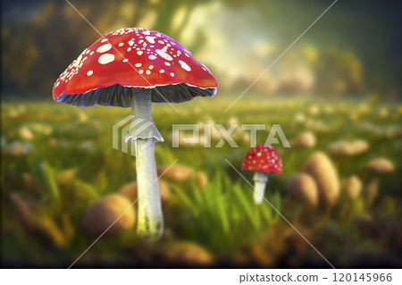 Fly agaric mushroom with red cap and white dots, Amanita mushroom, illustration Fly agaric mushroom with red cap and white dots, Amanita mushroom, illustration 120145966