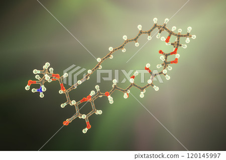 Amphotericin B antifungal drug molecule, 3D illustration 120145997