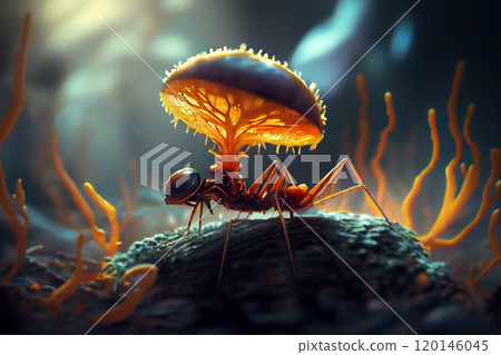 Cordyceps parasitic fungus growing on an ant, 3D illustration 120146045