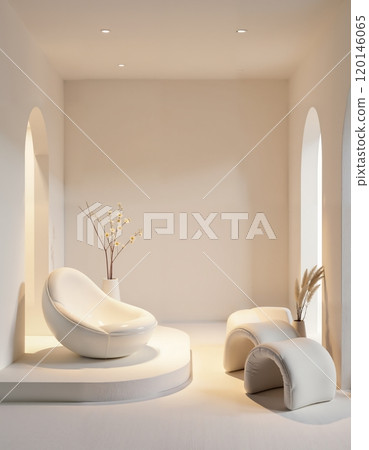 Modern minimalist interior with elegant white furniture and archways for stylish living space design 120146065