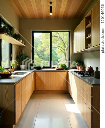 Modern minimalist kitchen design with large windows and wooden cabinets Modern minimalist kitchen design with large windows and wooden cabinets 120146066