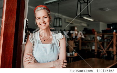 Please, come in. Cropped portrait of an attractive mature woman standing with her arms folded in her pottery workshop. 120146162