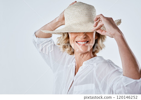 Embrace every phase for what it is. Cropped shot of a mature woman looking stylish against a white background. 120146252