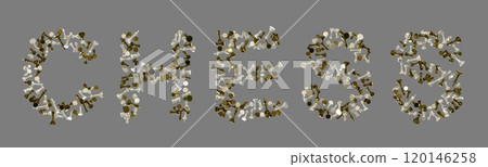 The word CHESS made entirely of chess pieces, including pawns, rooks, knights, bishops, and the king and queen pieces, 3D illustratiom 120146258