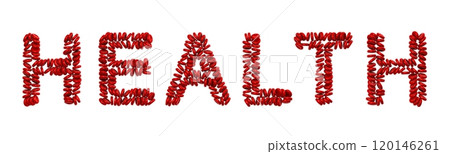 The word HEALTH made entirely of red blood cells, with their unique biconcave shape and textured surface, 3D illustration 120146261